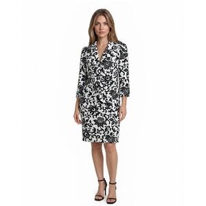 Harold's Blazer Skirt Suit Women's Size 10 Black White Damask Floral Lined